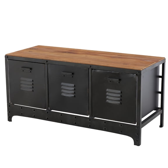 DecMode Industrial Metal Rectangular Storage Bench with Wooden Tabletop and Distressed Black Finish, 39"W x 19"H