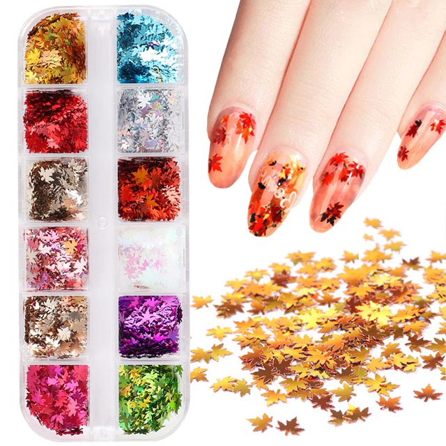 12 colores pegatinas de arte de uñas de otoño hoja de arce brillo de uñas lentejuelas accesorios de arte de uñas 3D copos en forma de hoja de otoño holográfico oro rojo hojas de arce diseños de paille