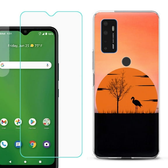 Slim-Fit Gel TPU Phone Case for Cricket Dream 5G, with Tempered Glass Screen Protector, by OneToughShield ® - Sunset Flamingo