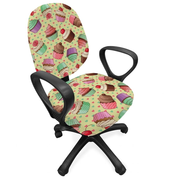 Coffee Office Chair Slipcover, Coffee Shop Bakery Inspired Tasty Cupcake Pattern on a Polka Dot Hearts Backdrop, Protective Stretch Decorative Fabric Cover, Standard Size, Multicolor, by Ambesonne