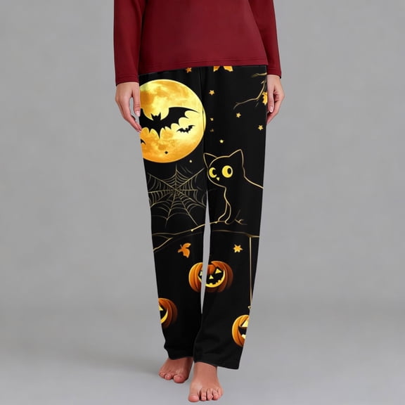 YABCSAZ Womens Halloween Pajama Pants Black Cat Print Soft Fleece Elastic Waist Straight Leg Cozy Sleep Bottoms Fall Winter Warm Indoor Loungewear with Pockets
