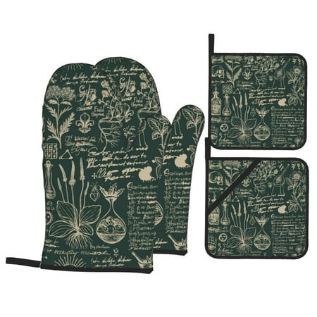 

Oven Mitts and Pot Holders Sets 4 pcs Vintage Botanical Sketch Collage A Non-Slip Oven Gloves Potholders Soft Quilted Lining Heat Resistant Gloves Hot Pads for Kitchen Cooking Baking