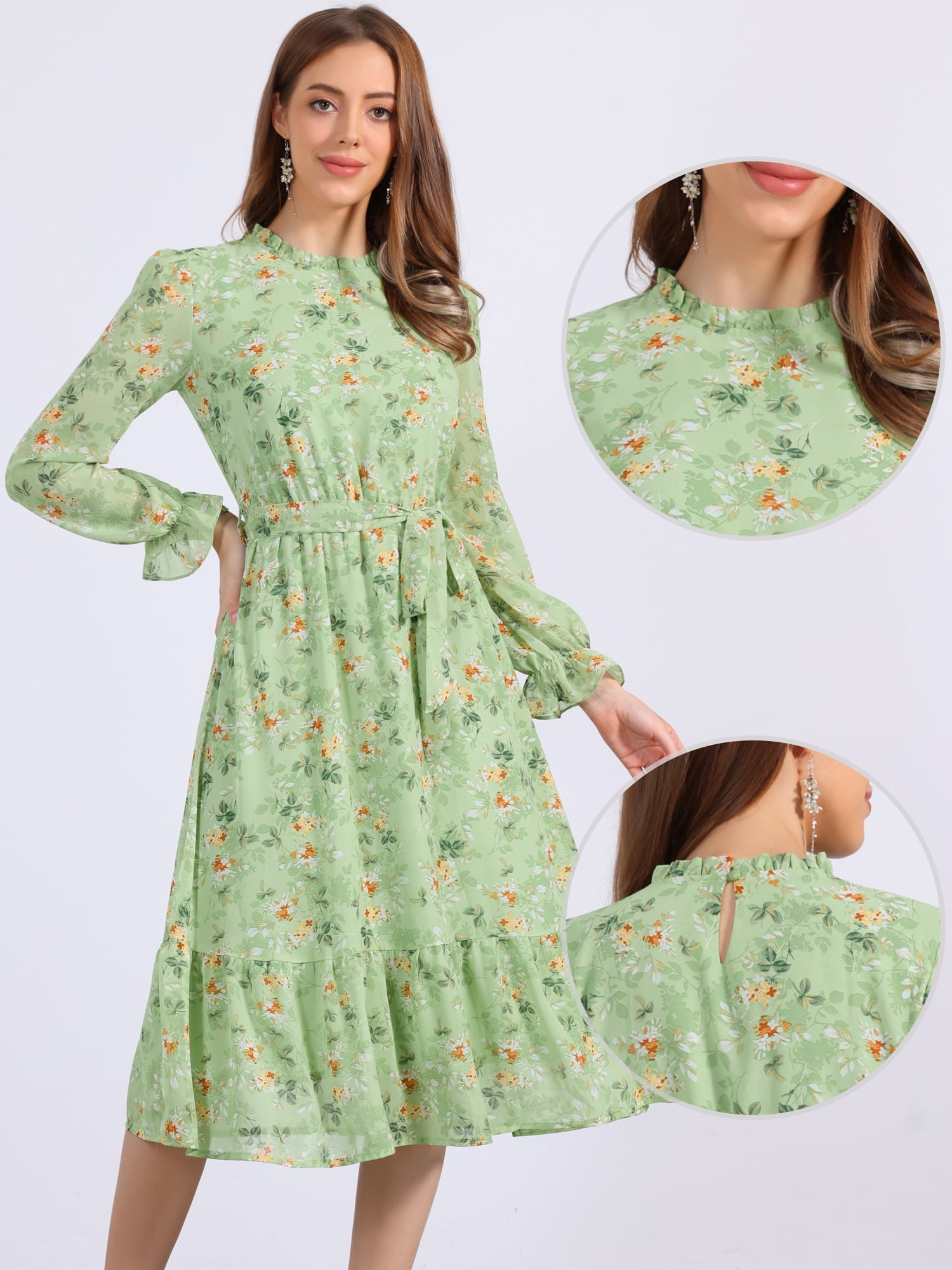 DARING DIVA Fall Floral Long Sleeve Chiffon Midi Dress L Green