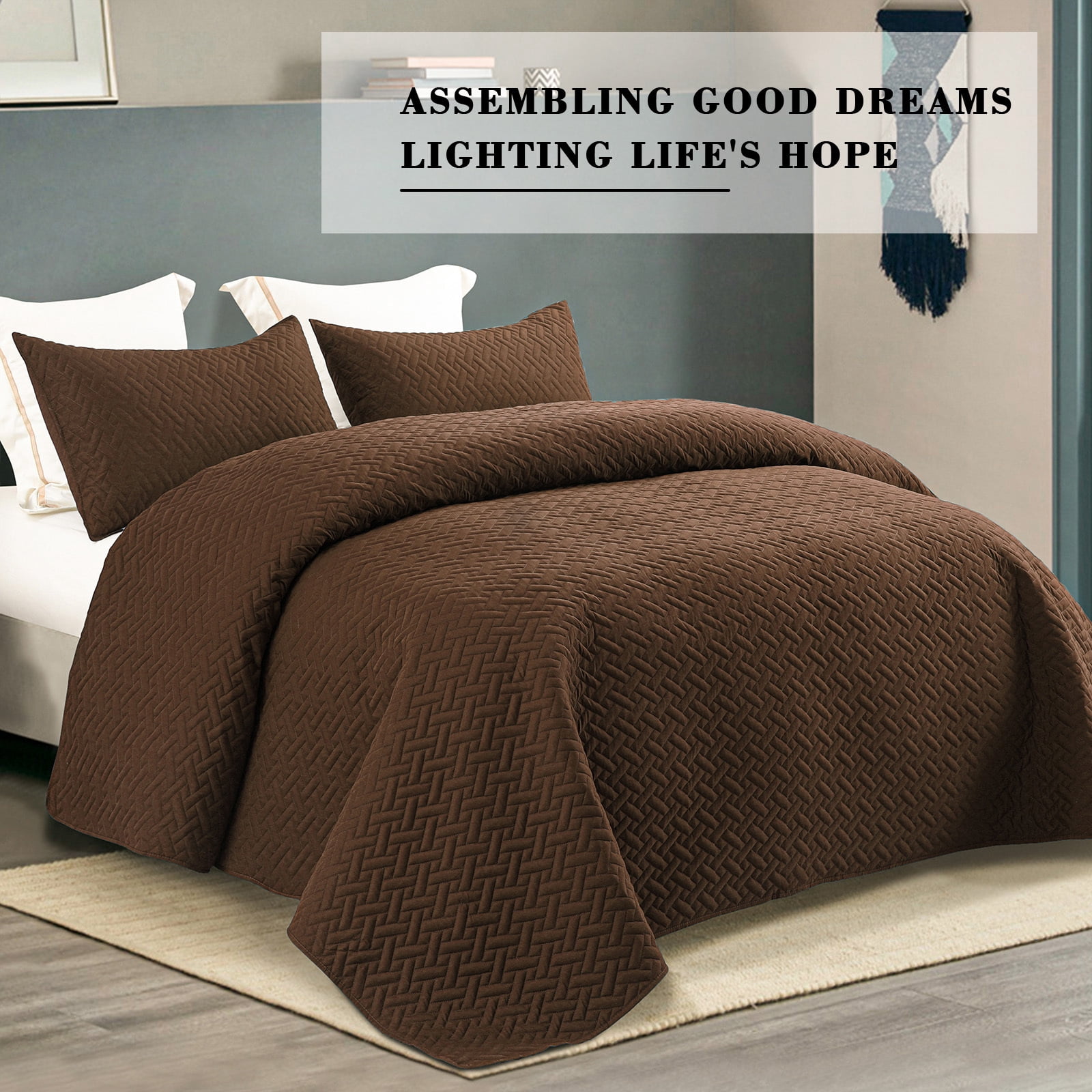 Exclusivo Mezcla 3-Piece Queen Size Quilt Set, Basket Quilted Bedspread/Coverlet/Bed Cover(90"x 96", Brown)