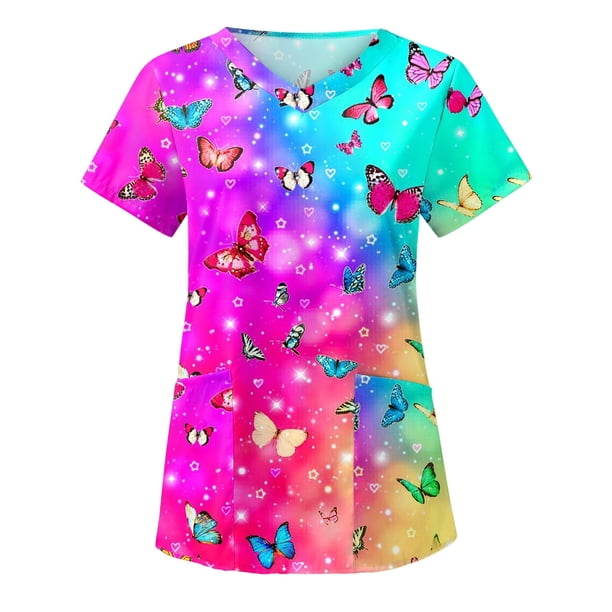 Ropa de trabajo SCZ de manga corta con cuello en V y estampado de mariposas rosa intenso L
