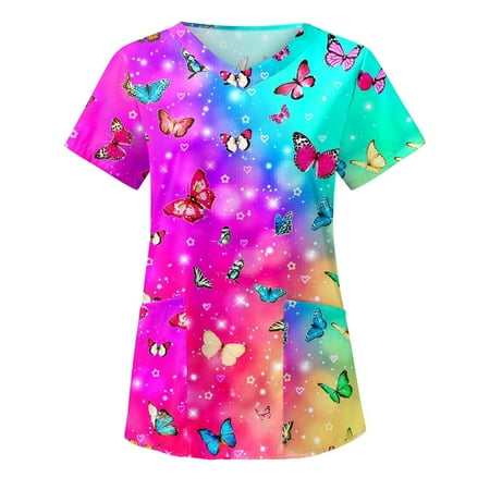 

QAZXD Scrubs for Women Women s Comfortable Lightweight Durable Soft Stretch Printed V-Neck Medical Scrub Top L