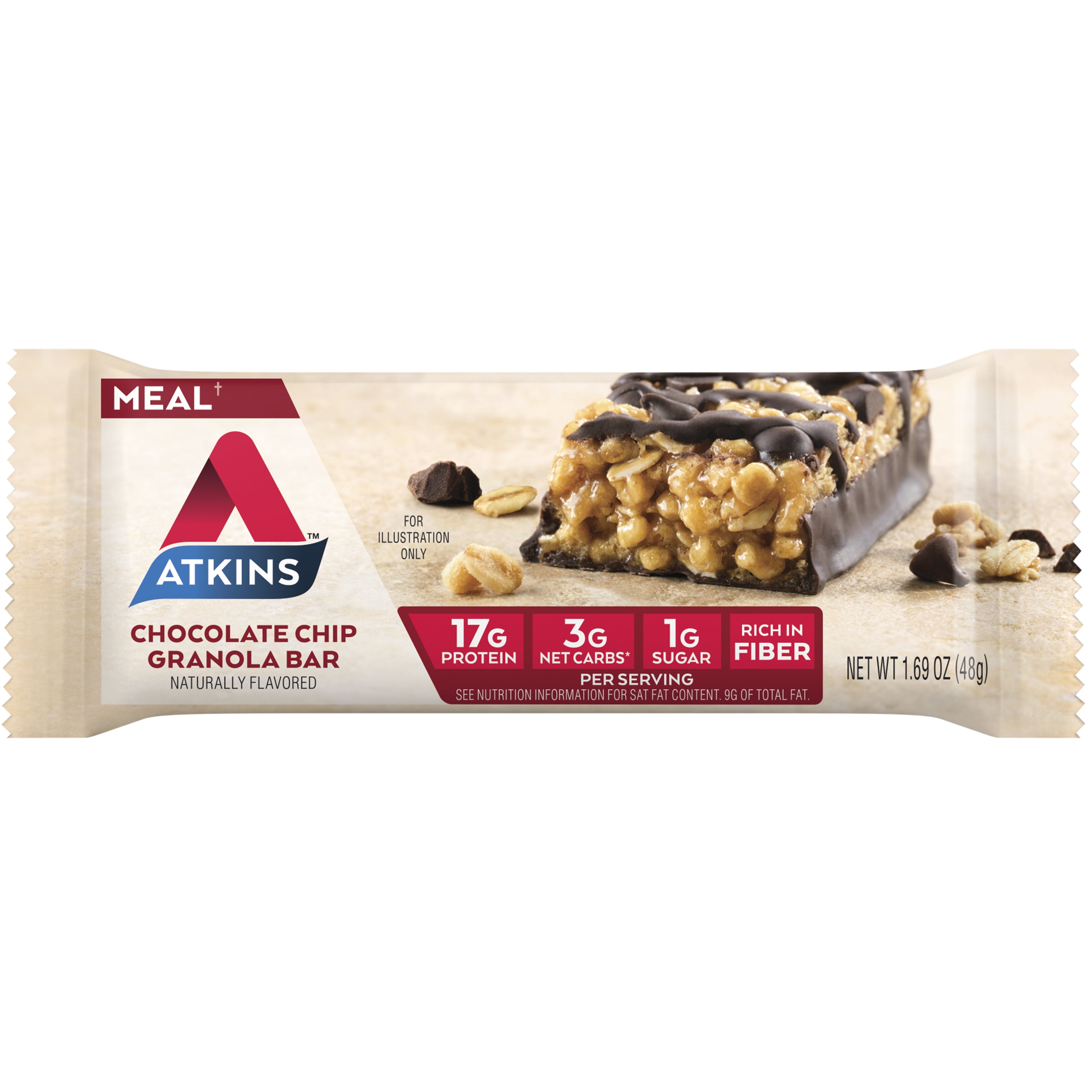 Atkins Chocolate Chip Granola Protein Meal Bar, High Fiber, Low Sugar, Meal Replacement, Keto Friendly, 6/8 Packs