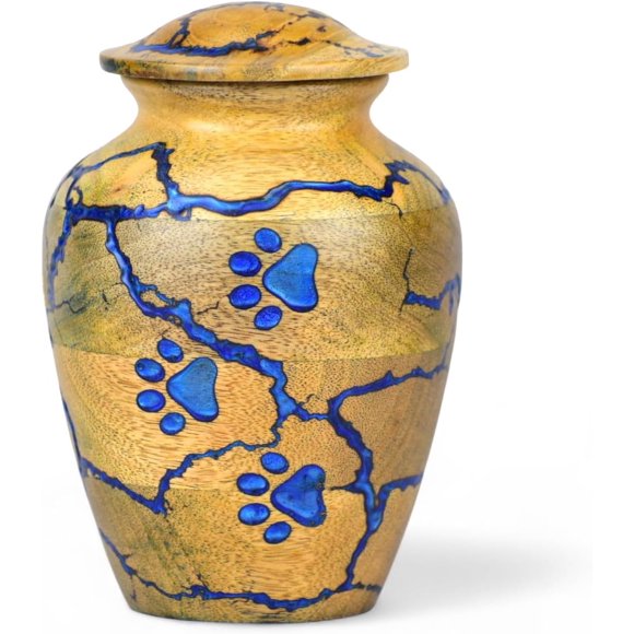 Urne de Crémation pour Cendres – Urne Commémorative pour Cendres de Chien Ou Chat – Souvenir Fait Main en Résine Bleue avec Empreintes de Pattes, Honorez Votre Chien Ou Chat Bien-Aimé