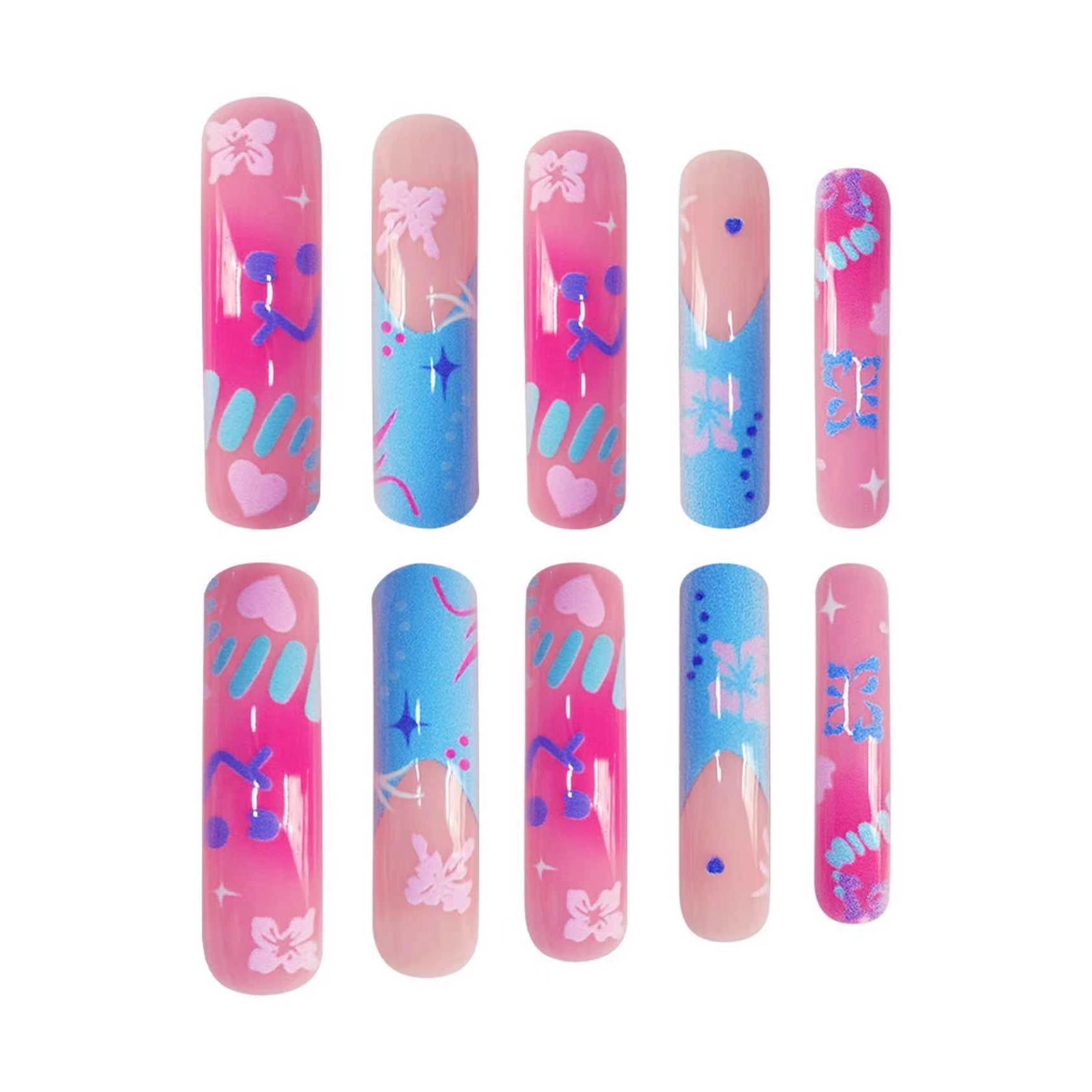Cross-border hot sale curved nail long sweet cool blue cute flowers simple fashion wearing nail piece finished product wholesale