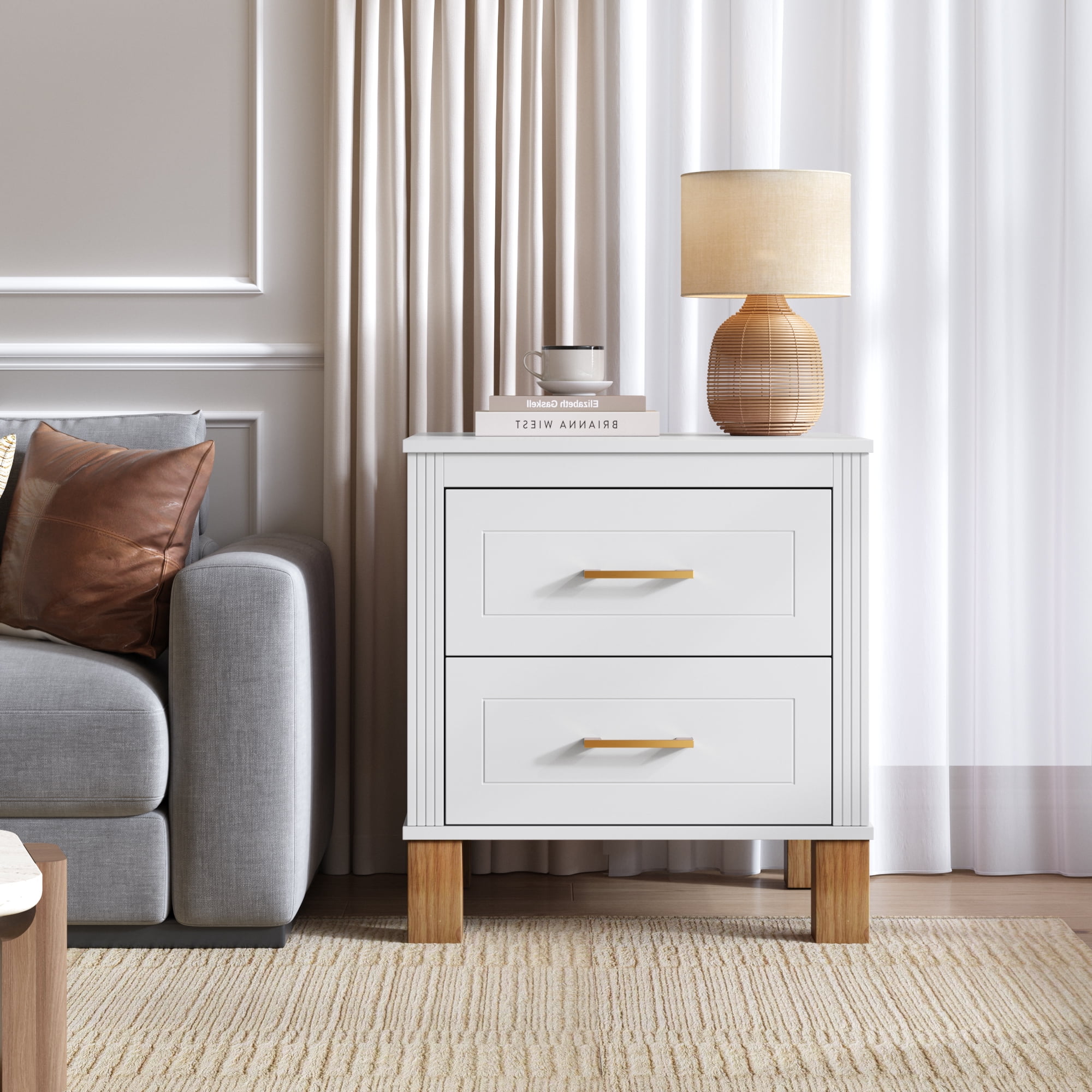 2 Drawer Nightstand, Premium Wood Storage with Elegant Fluted Design, Solid Wood Legs Nightstand with Metal Handle, Tall Bedside Table for Bedroom Living Room, White