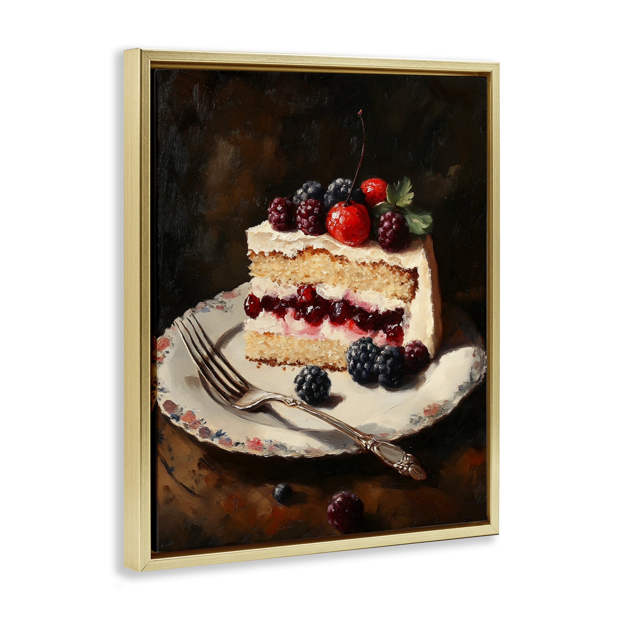 Stupell Industries Berry Topped Cake Slice Gold Framed Floater Canvas Wall Art, design by Franklyn Gregory