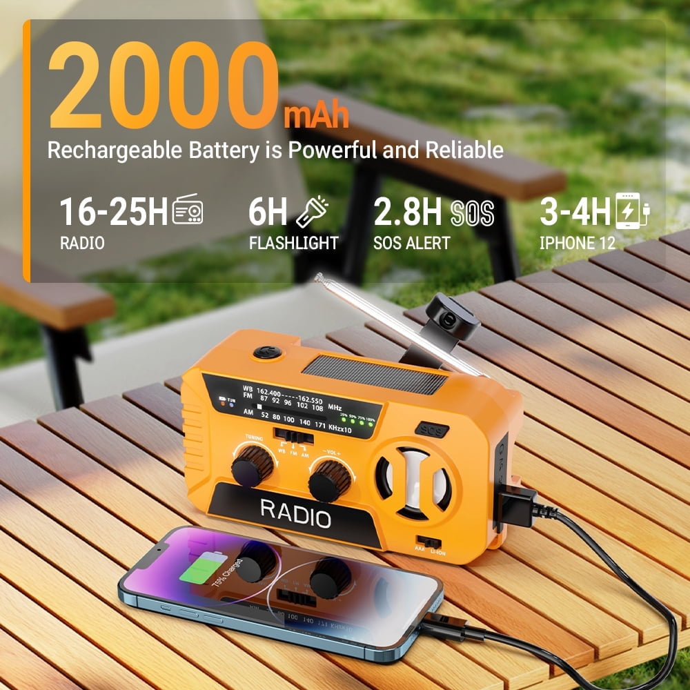 Emergency Weather Radio - AM/FM/NOAA Hand Crank Radio , 2000mAh Portable Solar Power Bank, Multi-Function Flashlight & SOS Alarm for Outdoor Indoor Emergencies (Orange)