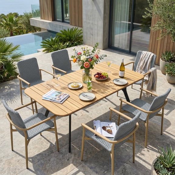 OTSUN 7 Pcs Outdoor Patio Furniture Set, Front Porch Furniture with 6 ROPE Armchairs and Teak Aluminum Table Patio Sectional for Garden Terrace & Backyard