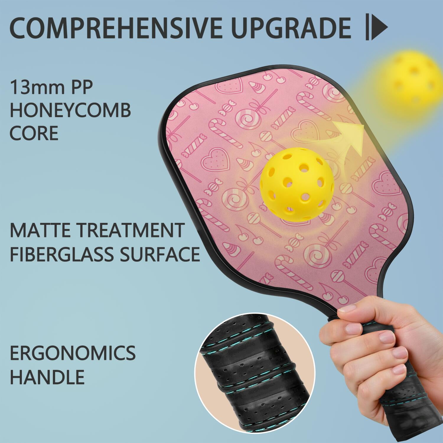 Pickleball Paddles Set Of 2, Fiberglass Surface, Sweet Candy Print, 4 Balls & Bag