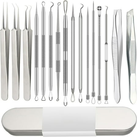 16-Piece Professional Pimple Popper Kit - Blackhead Remover & Acne Extractor Tools with Stainless Steel Tweezers for Facial Blemishes, Eyebrows & Skin Care