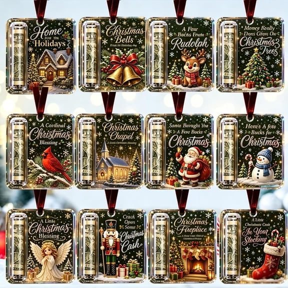 14Pcs Christmas Cash Gift Ornament, Crystal Clear Acrylic Money Holder Ornaments for Cash, Xmas Tree Hanging Decorations with Ribbon, 3.5x3.8 in, Santa Snowman Reindeer Designs