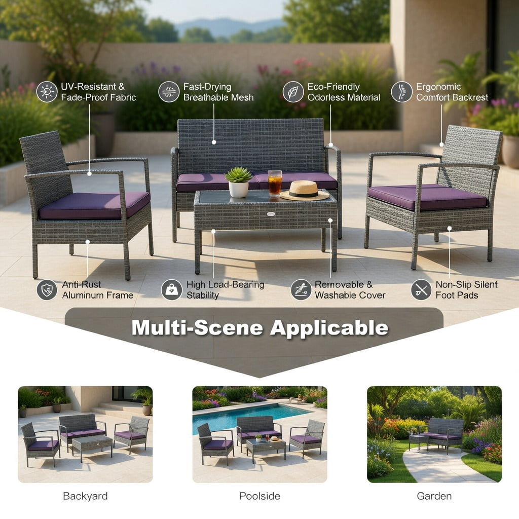 Hommoo 4-Piece Outdoor Rattan Patio Conversation Set with Steel Frame, Thick Cushions & Tempered Glass Coffee Table for Backyard, Poolside & Balcony, Gray