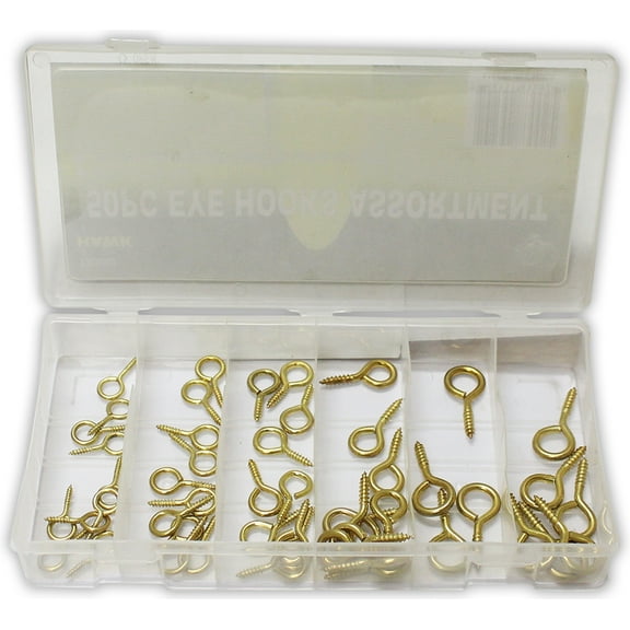 ToolUSA Golden Eye Hooks | 50-Piece Assorted Set | Sizes #3 (3/32") to #8 (1/4") | Secure Screw-In Design | Organized Storage Box | Essential for Home & Workshop