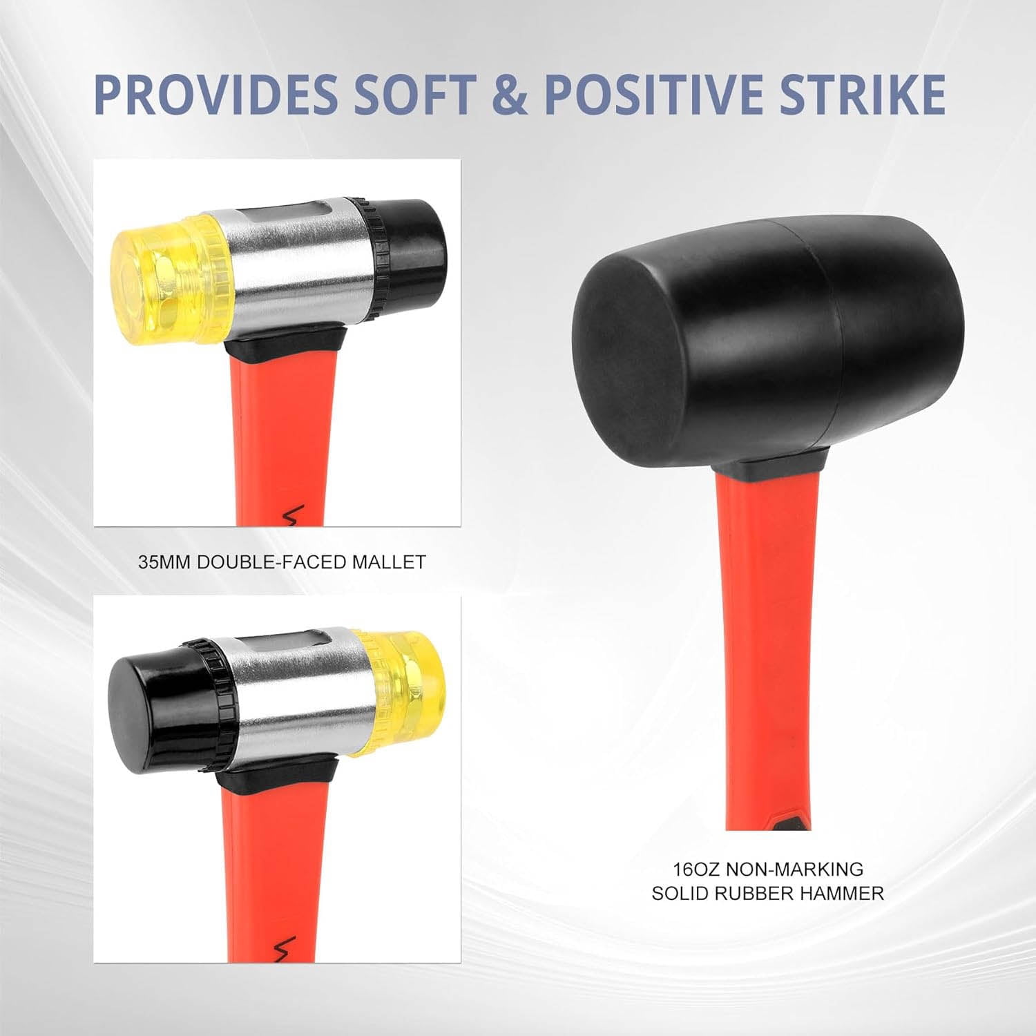 2-Piece Hammer Set - Rubber Mallet and Double-Faced Soft Hammer with Solid Head and Soft Grip Fiberglass Handle