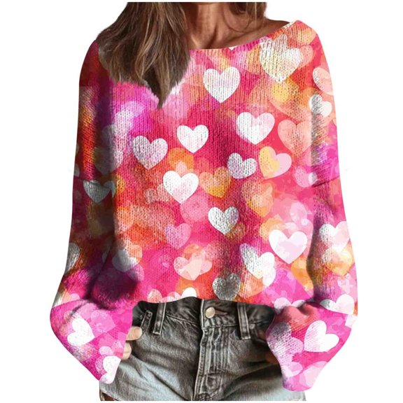 Women's Sweaters Valentine Heart Graphic Oversized Long Sleeve Drop Shoulder Sweatshirts Comfy Crew Neck Soft Tops Valentine's Day Outfits