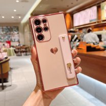 Feishell Case For Galaxy S21 Plus, Cute Luxury Plating Love Heart with Camera Protection,Soft TPU Bumper Small Love Pattern,Protective Wrist Strap Kickstand Case For Samsung Galaxy S21 Plus, Pink