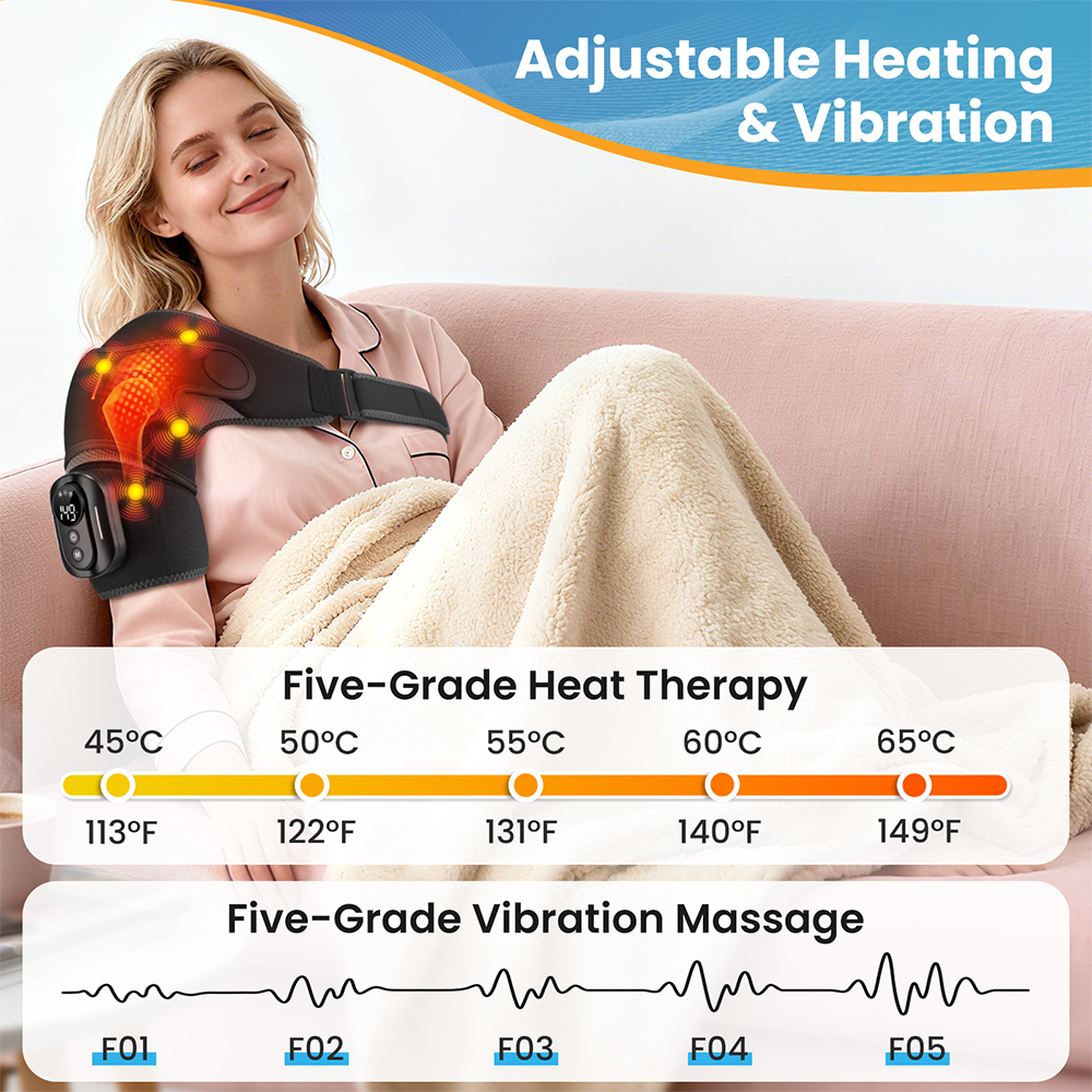 Cordless Heated Shoulder Massager, Shoulder Heating Pad, Shouder Heated Massage Brace with 5 Heating & Vibration, 3 Timing, 2 Extend Straps, Detachable Remote Control, 5000mAh Battery, Gray