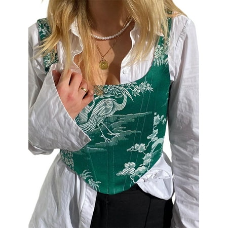 

Kiapeise Women Vintage Floral Print Vest Sexy Corset Bustier Strap Lace Push Up Cami Crop Top Palazzo Streetwear