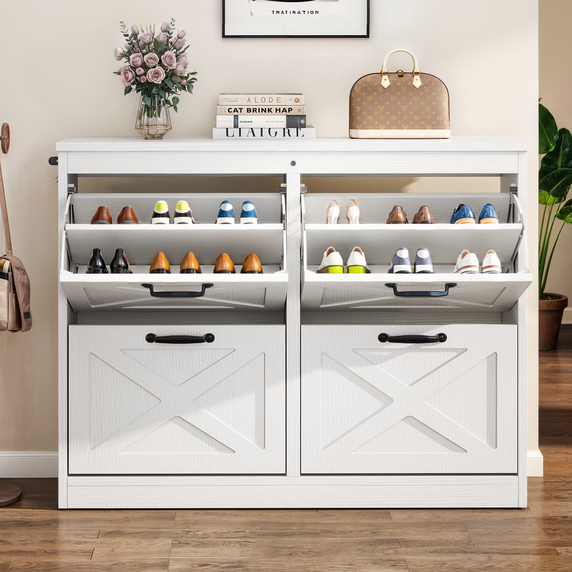 Uforic Shoe Cabinet with 4 Flip Drawers, Farmhouse Narrow Shoe Rack Organizer with Metal Legs, White
