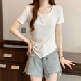 thumbnail image 6 of Olyvenn Stylish Womens Summer Irregular Hem Tops Casual Round Neck Short Sleeve Button Down Shirts Beach Vacation Trendy Y2k Clothes White L, 6 of 9