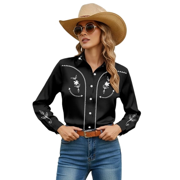 Cowgirl Shirts for Women Floral Print Western Shirts Long Sleeve Button Down Shirt Country Cowboy Tops Black L
