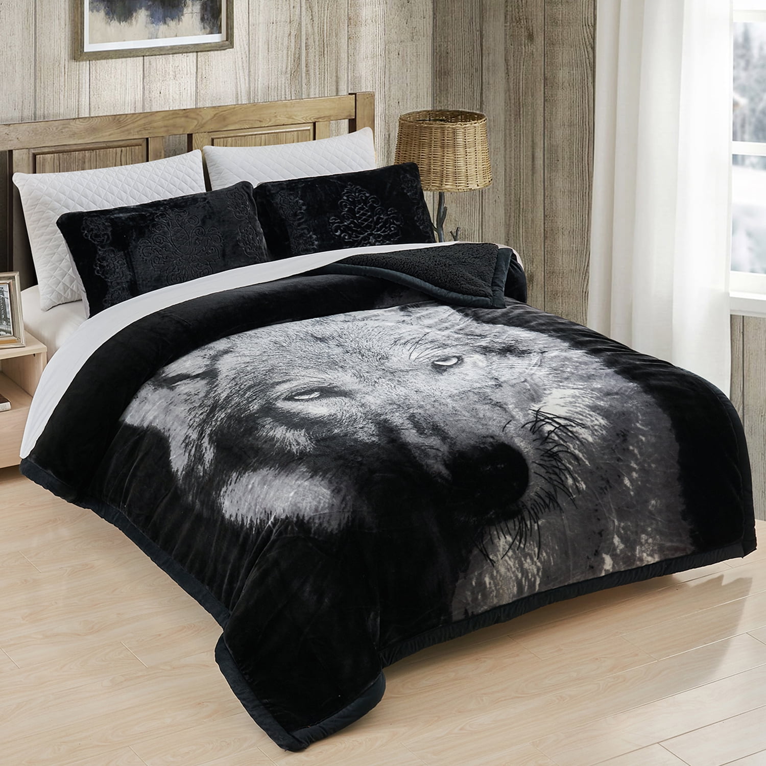 Borrega Charcoal Grey KING Size sherpa Fleece Comforter Geometric Stitch Blanket 