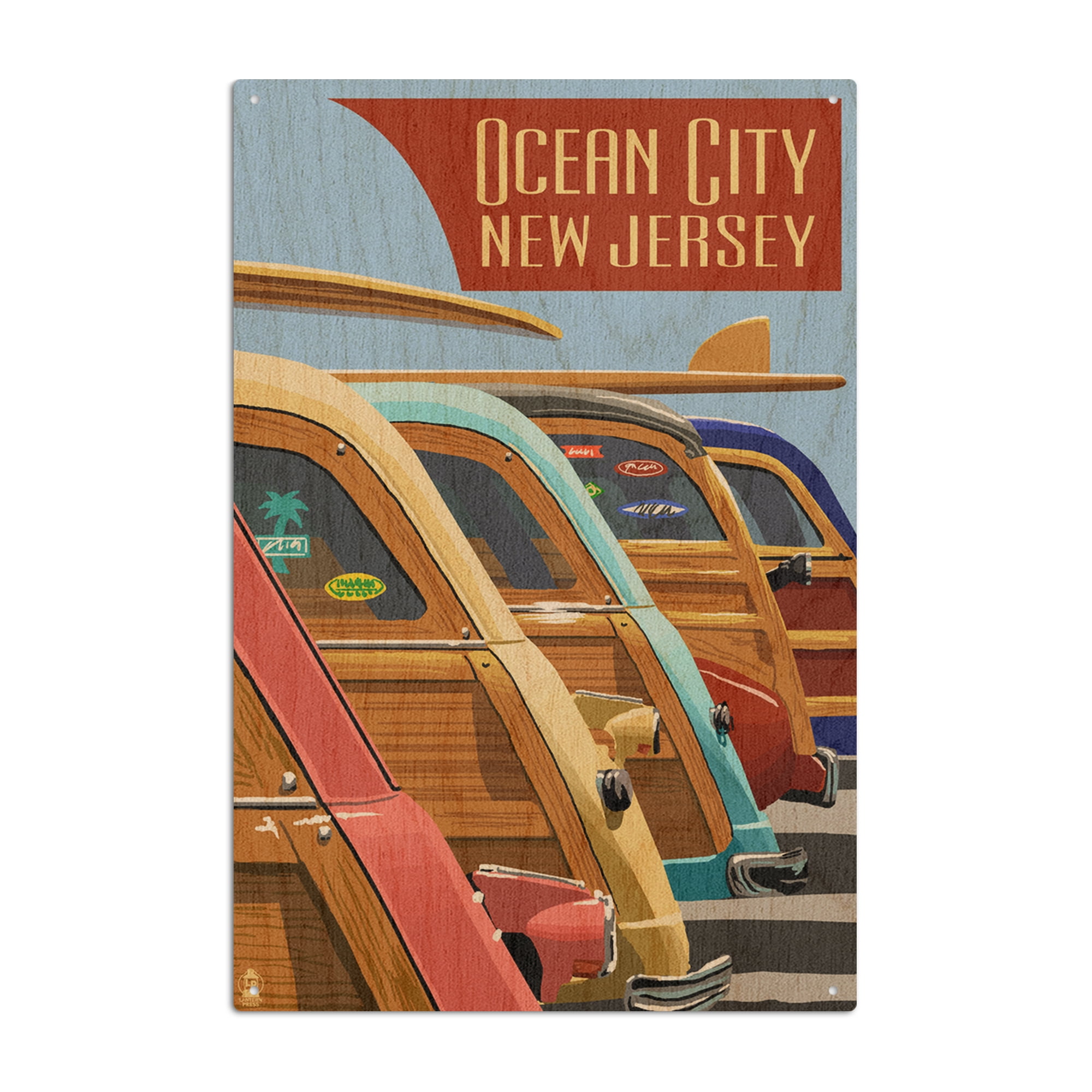 Ocean City, New Jersey, Woodies Lined Up Birch Wood Wall Sign (6x9