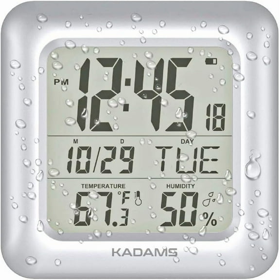 Kadams Digital Wall Bathroom Clock (Large,Silver) - Waterproof Shockproof LCD, Sturdy Suction Cup, Temperature & Humidity Sensor Timer Clock with Smart Alarm for Shower, Kitchen & More