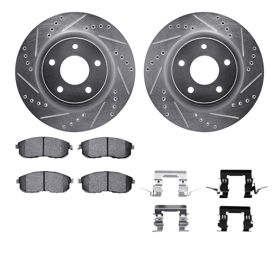 Dynamic Friction Company Front Brake Rotors-Drilled and Slotted-Silver with 5000 Advanced Brake Pads includes Hardware 7512-67064
