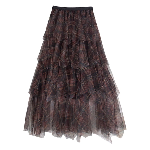 Arlun Lace Plaid Skirts for Women Irregular Mesh Cake Skirt with Layered Lightweight Flowy Knee Length A Line Skirts Ladies Fashion Streetwear Khaki One Size
