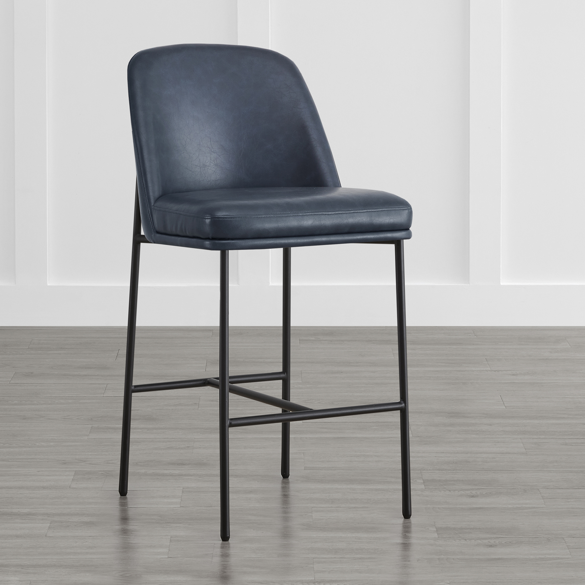 Spruce & Spring Modern 27-Inch Contemporary Counter Stool Set with Upholstered Seat and Metal Frame Set of 2, Navy Blue Faux Leather