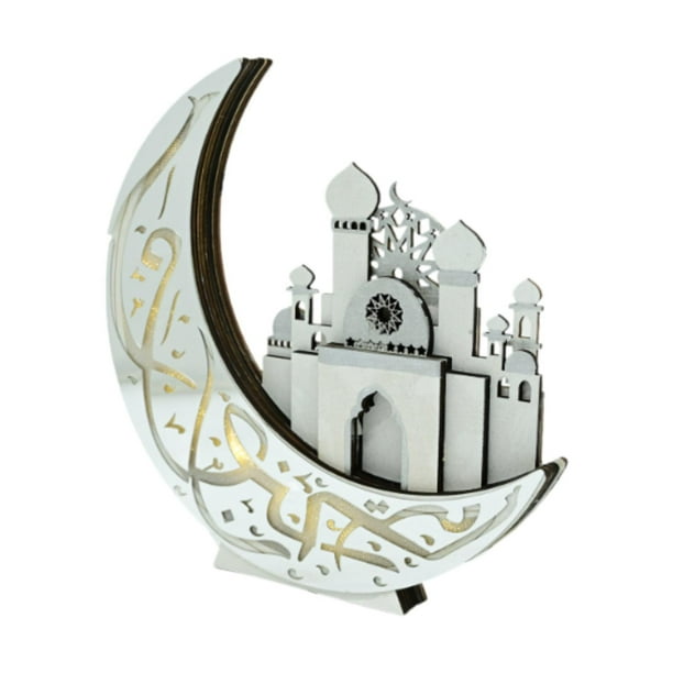 Lámpara de mesa de madera con luz de luna y adorno de Ramadán, elegante lámpara de luna para Blanco