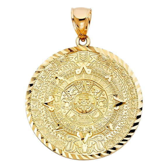 14k Yellow Gold Bold Aztec Medallion Pendant Ornate Calendar Flat Sun Charm Jewelry Female Unisex