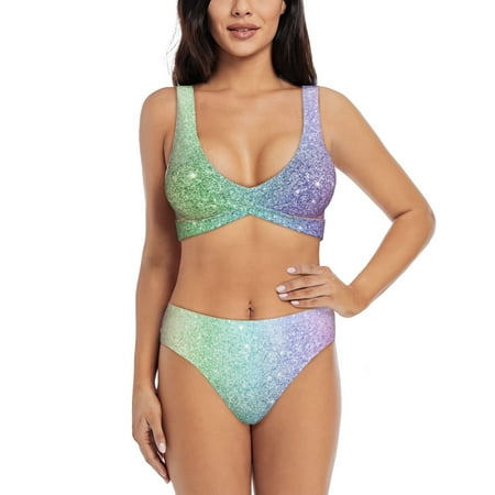 Zeuib Beautiful Glitter High Waisted Tummy Control Bikini Set - Knot Front Push Up Top & Cheeky Thong Bottom  Two-Piece Swimsuit for Women-Medium