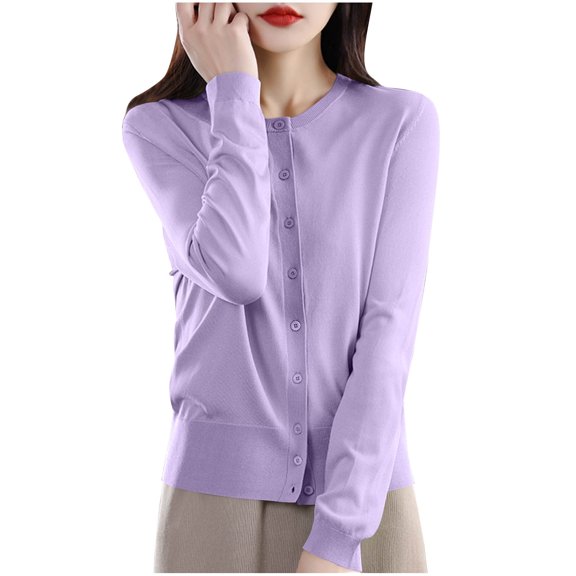 Lightweight Crew Neck Cardigan Womens Long Sleeve Teacher Sweater Button Front Knitwear Casual Fall Clothes Purple, XXL