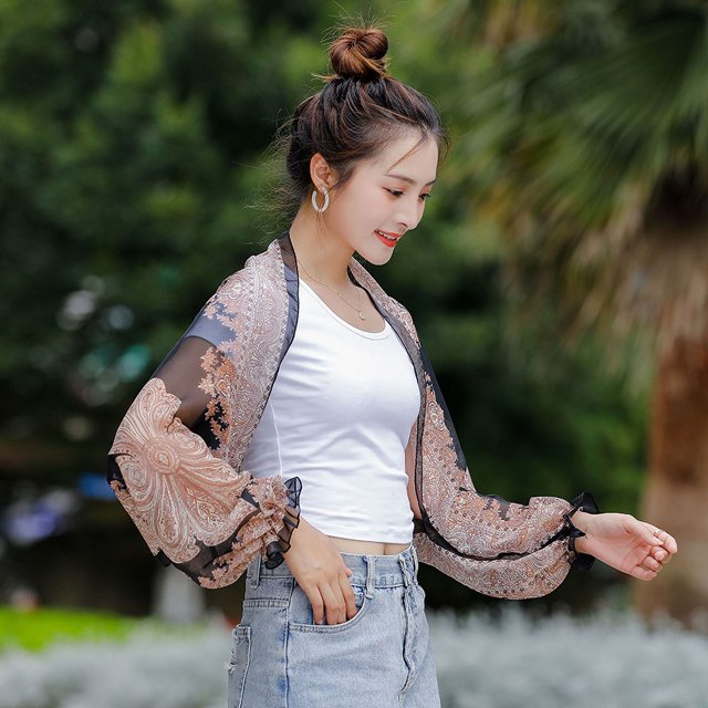 Chal de gasa de verano con protección solar, estampado de anacardos, mangas largas, chal exterior fino, bufanda pequeña para mujer
