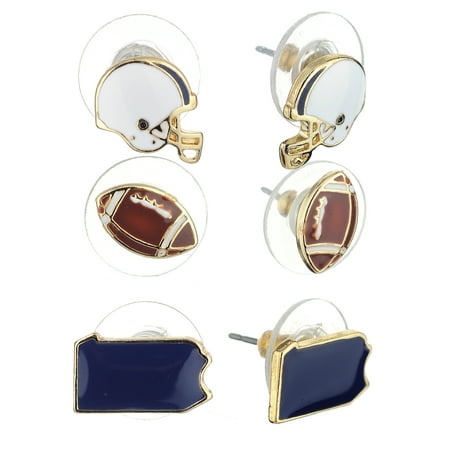 Enamel Football - Women's Epoxy Enamel College Football State Theme Set Pierced Stud Earrings, Pennsylvania, Navy/White
