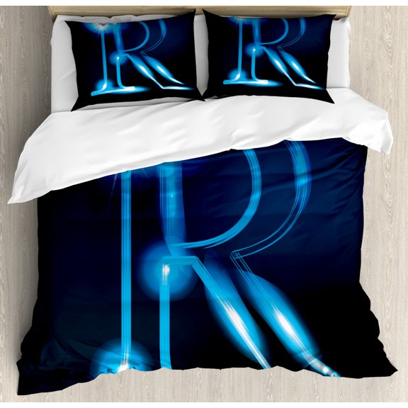 Letter R King Size Duvet Cover Set, Writing Language with Futuristic Design Elements Modern Themed Calligraphy Print, Decorative 3 Piece Bedding Set with 2 Pillow Shams, Blue Black, by Ambesonne