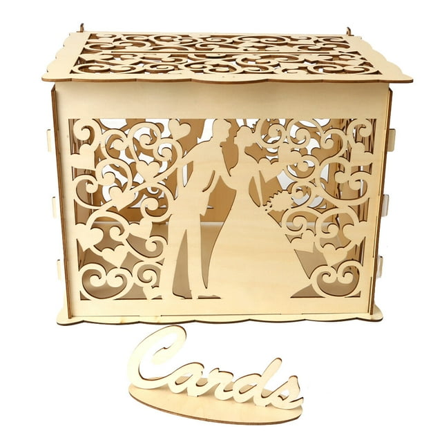 Wooden Wedding Storage Box DIY Wedding Supplies Box for Wedding Party (1 Key + 12 Rubber Rings, Large Size)
