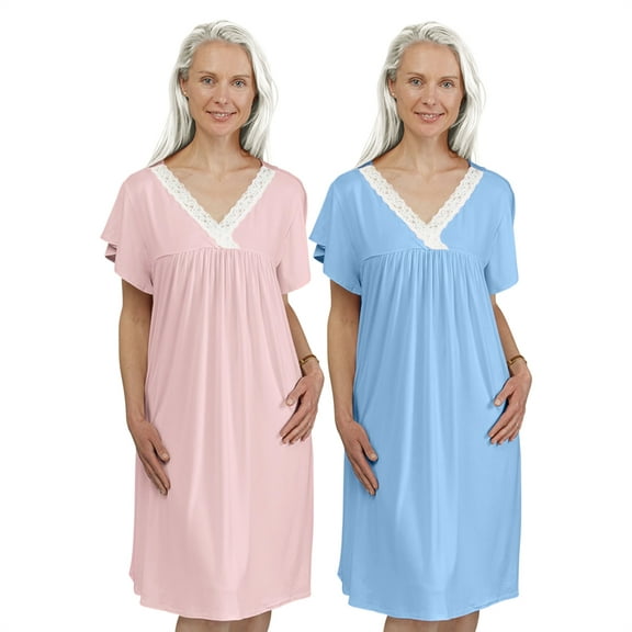 Dignity Pajamas Womens 2 pack Nightgowns-Short Sleeve -Soft Sleepshirt- Empire gathers Nightshirt- Lace Trim Neck Casual Loungewear