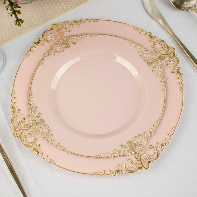YOPTOP Lot de 10 / Transparent/or Baroque Assiettes Rondes en Plastique de 8” pour Desserts et Salades Vaisselle Jetable avec Bord Doré en Relief de Feuille, Blush, 10 Pouces