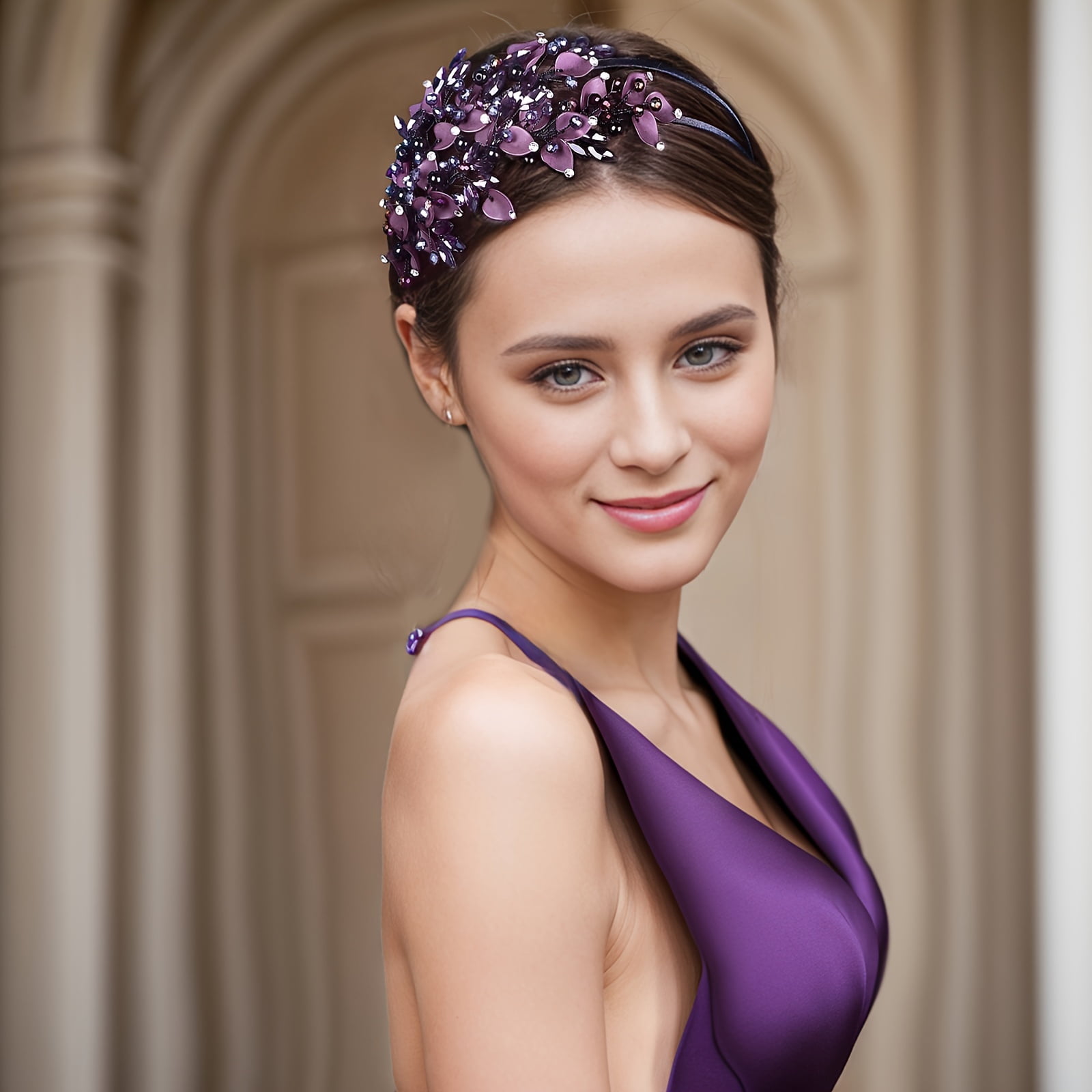 A stylish double-layered headband, designed for women, features purple polymer clay leaf patterns and rhinestones, making it the perfect accessory for photoshohoots and everyday wear.