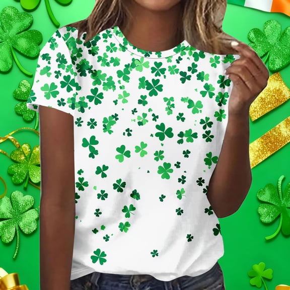 Nfurl Womens St Patricks Day Shirts Funny Irish Shamrock Printed Short Sleeve T-shirts Shamrock St Patty's Day Shirt for Women White XL