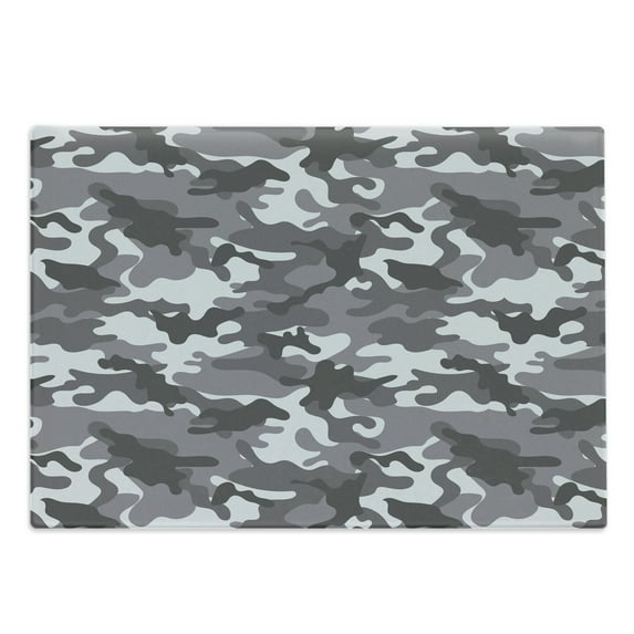 Camouflage Cutting Board, Monochrome Attire Pattern Camouflage Inside Vegetation Fashion Design Print, Decorative Tempered Glass Cutting and Serving Board, Large Size, Grey Coconut, by Ambesonne