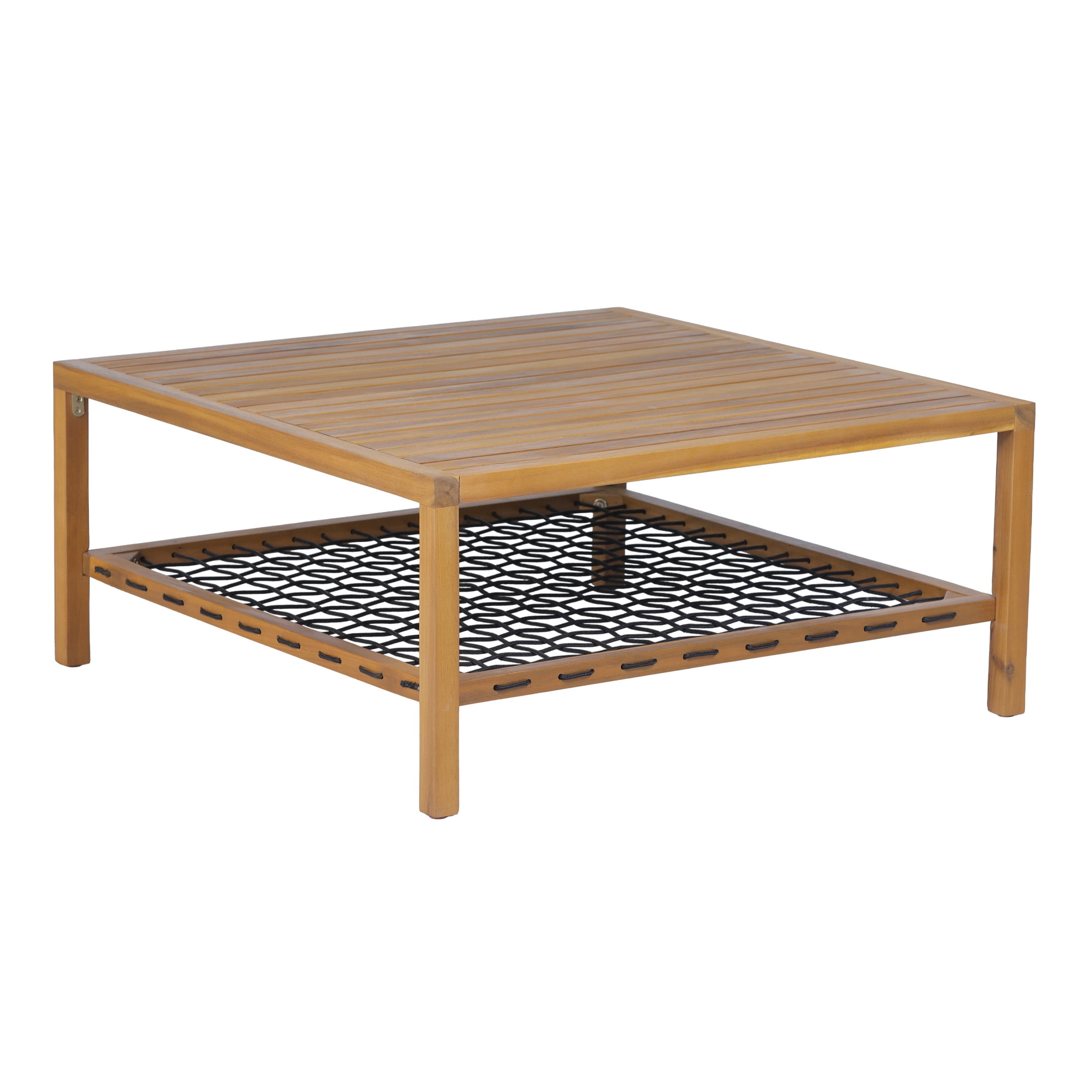 Christopher Knight Home Outdoor Acacia Wood Coffee Table with Woven Rope Storage Shelf, Teak+Black